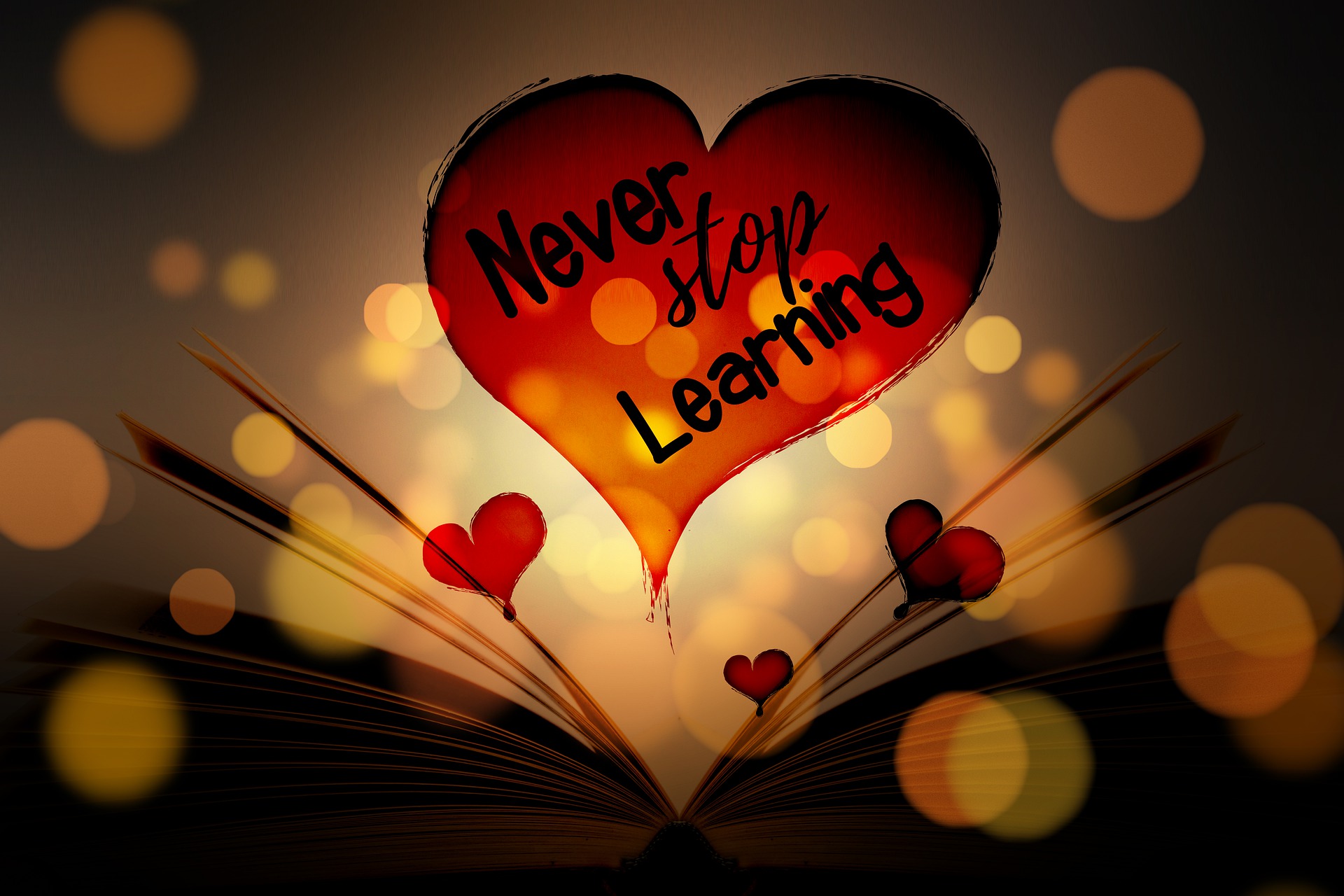aus einem Buch steigen Herzen mit dem Schriftzug "Never stop learning" auf